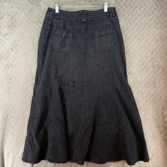 Larry Levine Women 10 Denim Midi Skirt Faded Black Flare Western Coastal Cowgirl - Picture 12 of 16